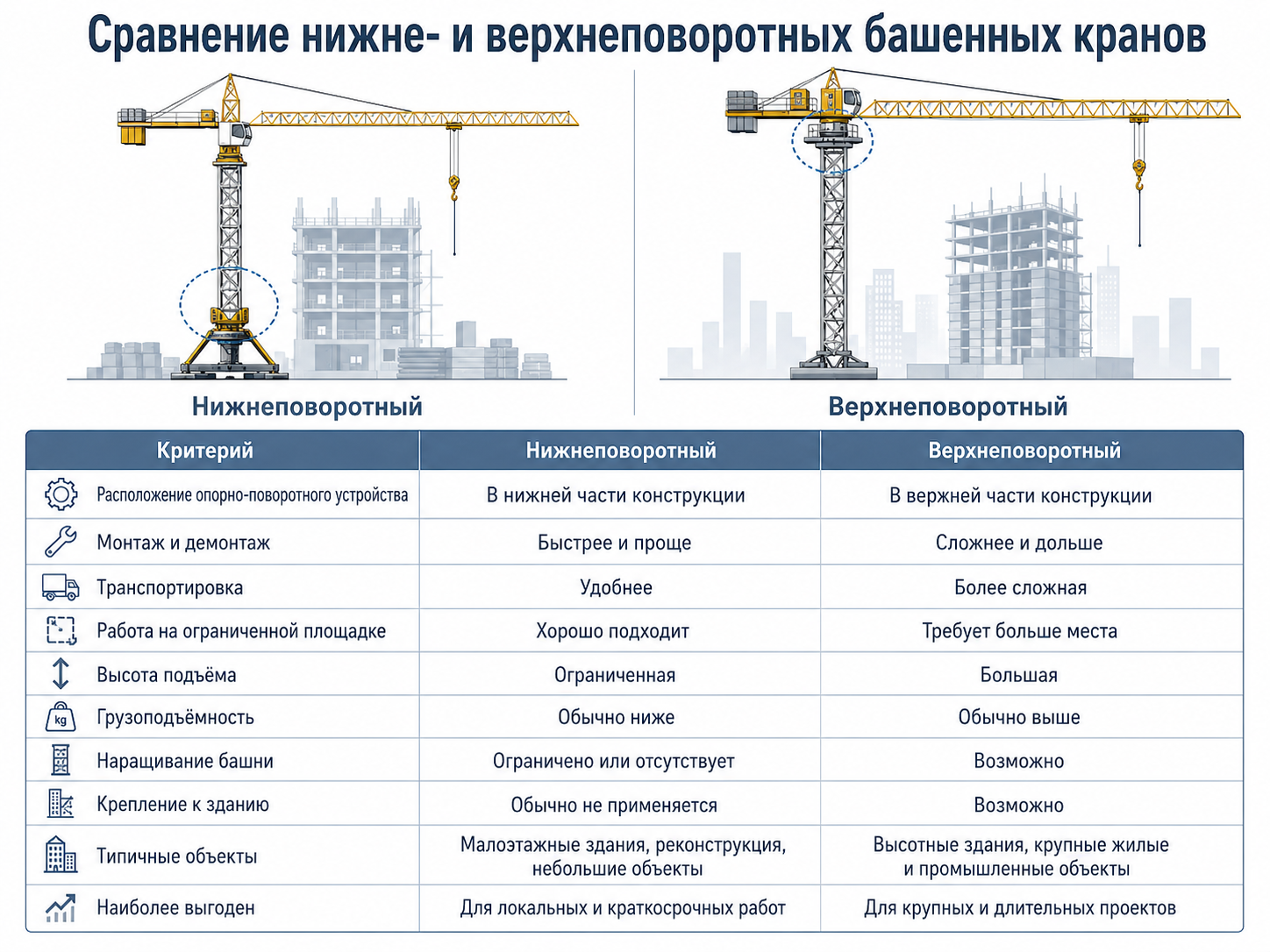 Отличия нижнеповоротных и верхнеповоротных башенных кранов Сравнение нижнеповоротного и верхнеповоротного башенных кранов